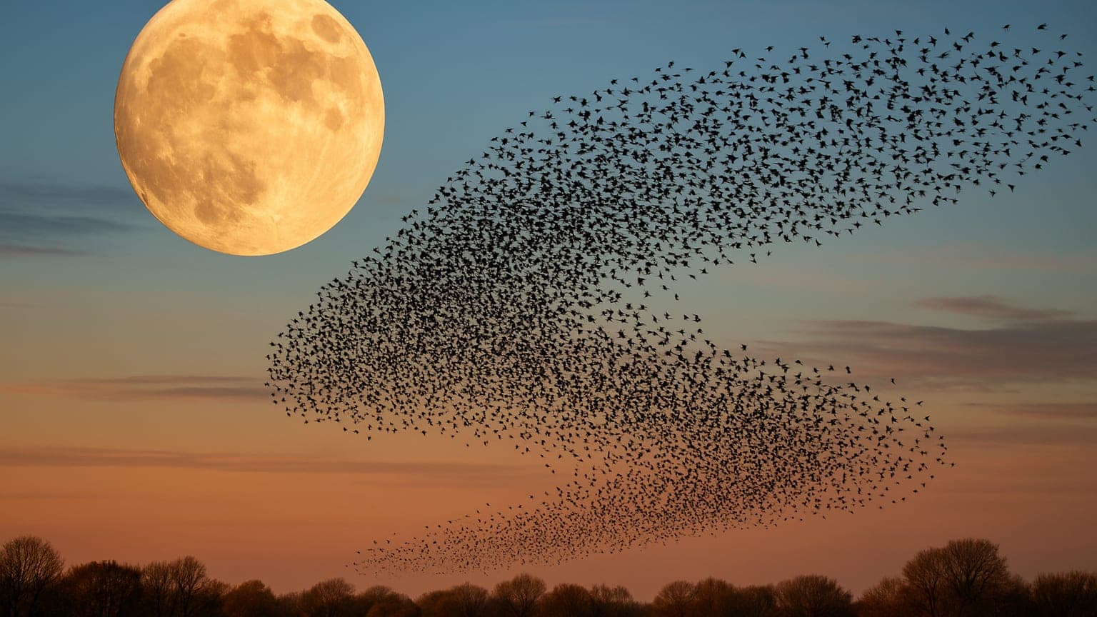Spectacular Starling Murmuration Captured Against March's Full Worm Moon