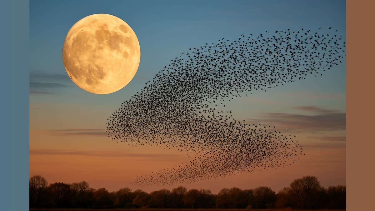 Spectacular Starling Murmuration Captured Against March's Full Worm Moon