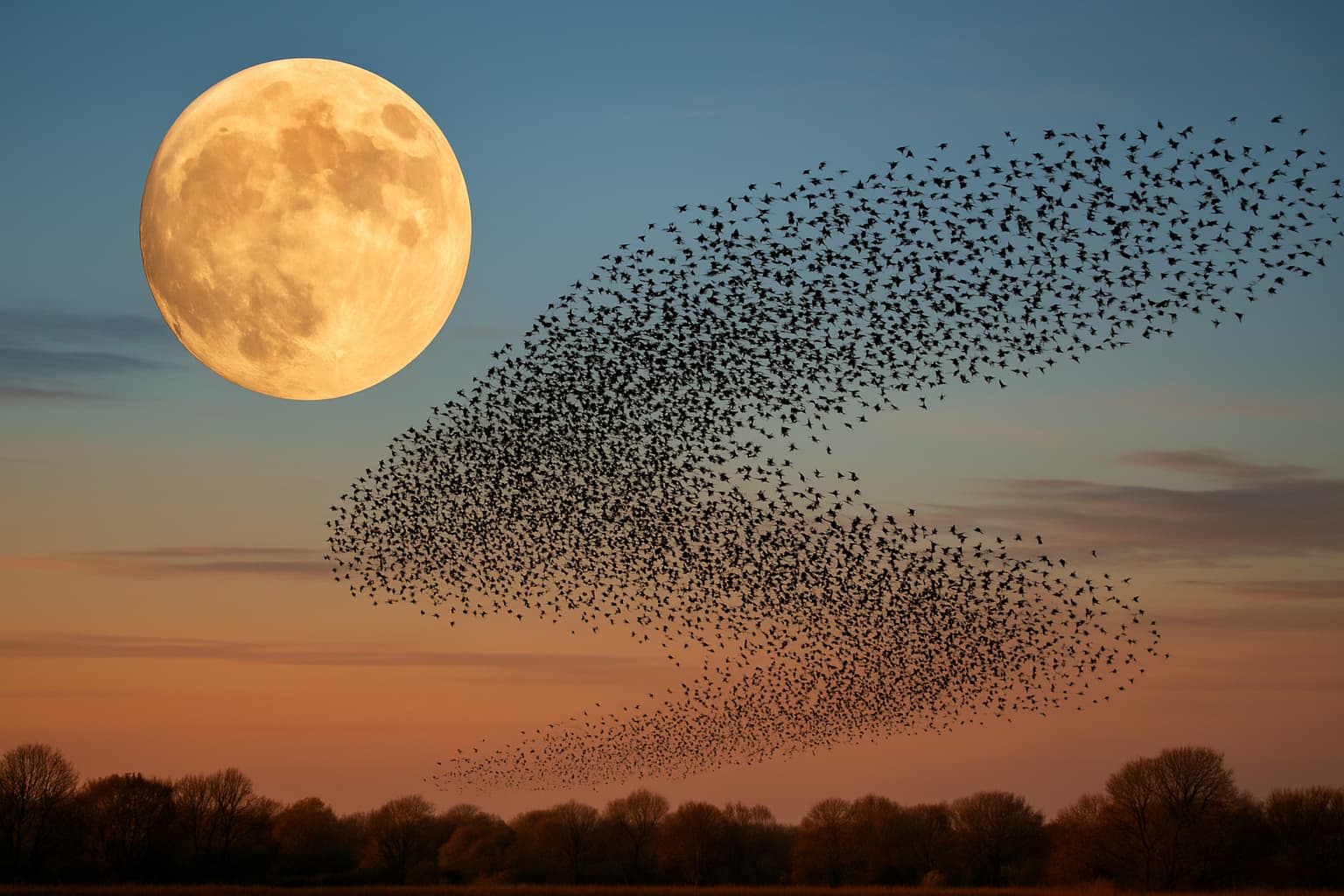 Spectacular Starling Murmuration Captured Against March's Full Worm Moon