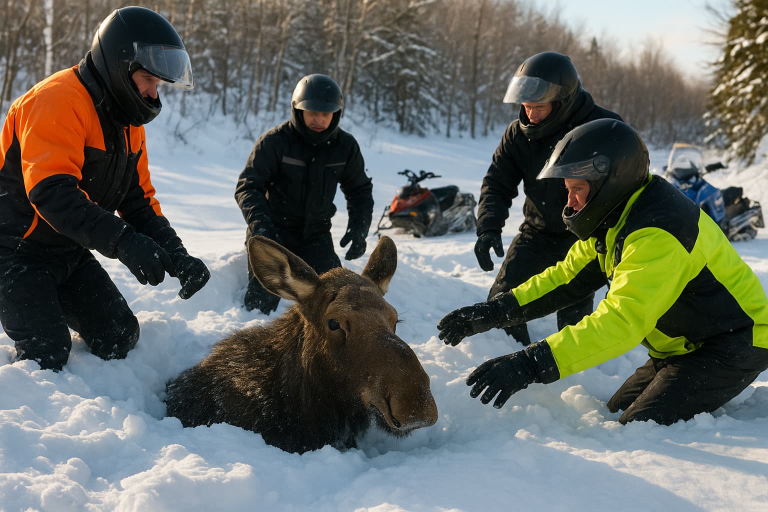 New Hampshire Snowmobilers Rescue Young Moose Trapped in Deep Snow
